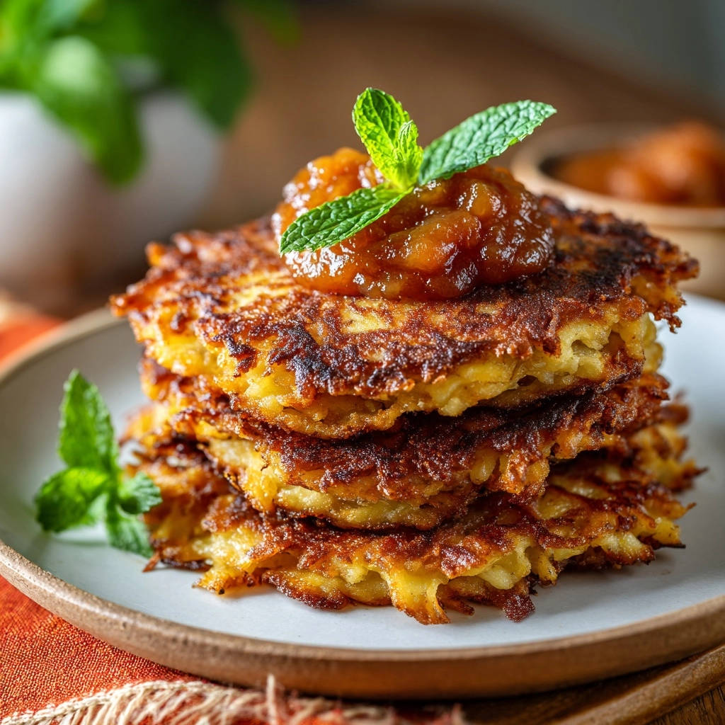 Meine Geheim Reibekuchen Serviert Mit Apfelmus 1 Meine Geheim-Reibekuchen mit Apfelmus, serviert auf einem Teller und garniert mit frischer Minze, sehen unglaublich appetitlich aus.