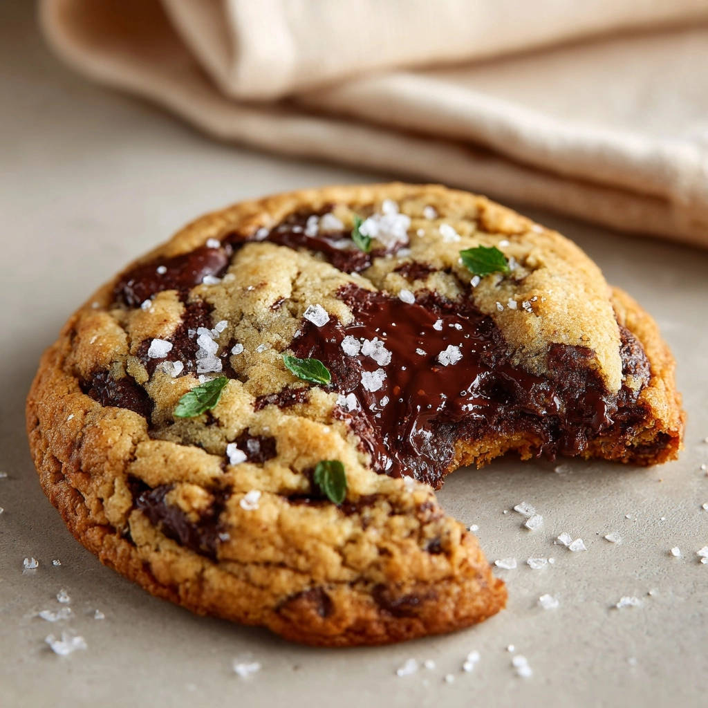 Mint Schoko Chunk Cookies Querschnitt Gooey 1 Mint-Schoko-Chunk-Cookies mit einem verführerischen, geschmolzenen Schokoladenkern, der beim Biss sichtbar wird. Das ist ein Genuss!
