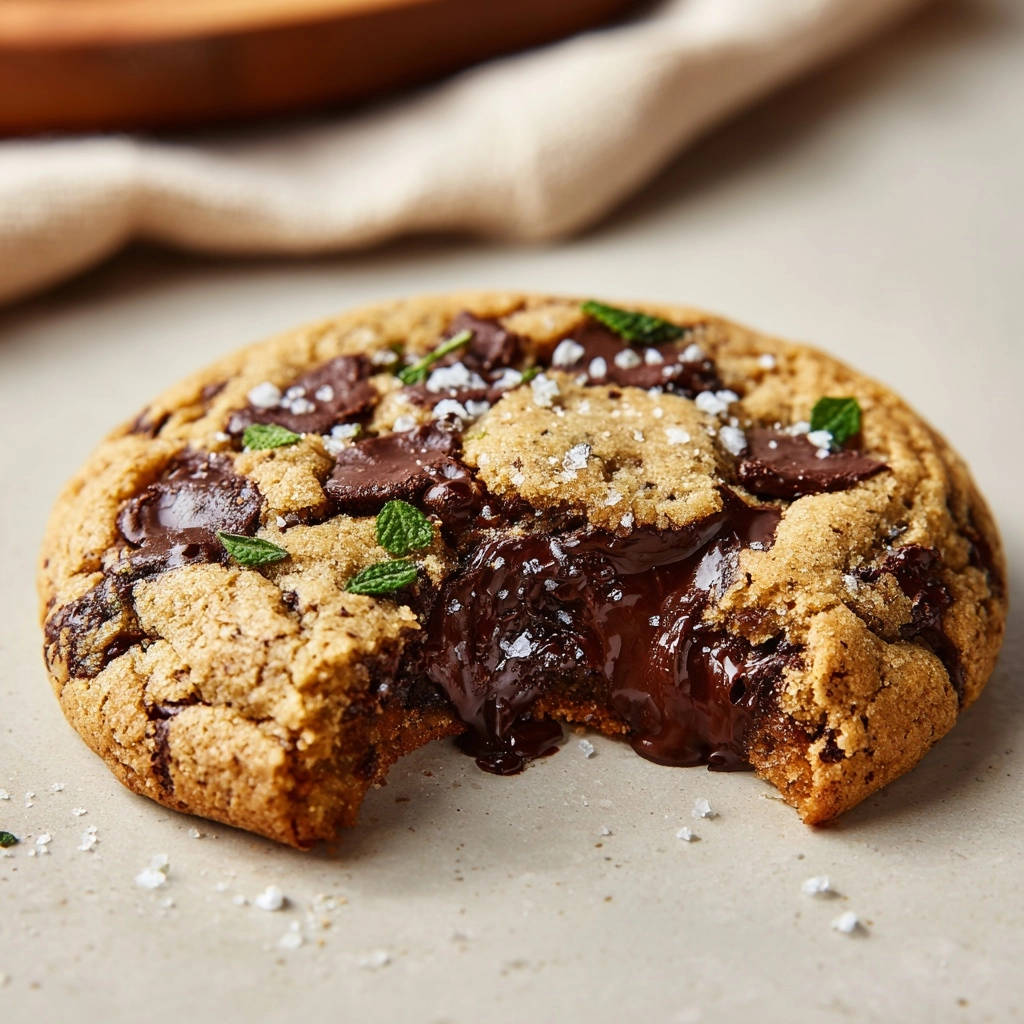 Mint-Schoko-Chunk-Cookies im Nahaufnahme: Ein Blick auf den geschmolzenen Schokoladenkern, der aus dem Cookie herausfließt.