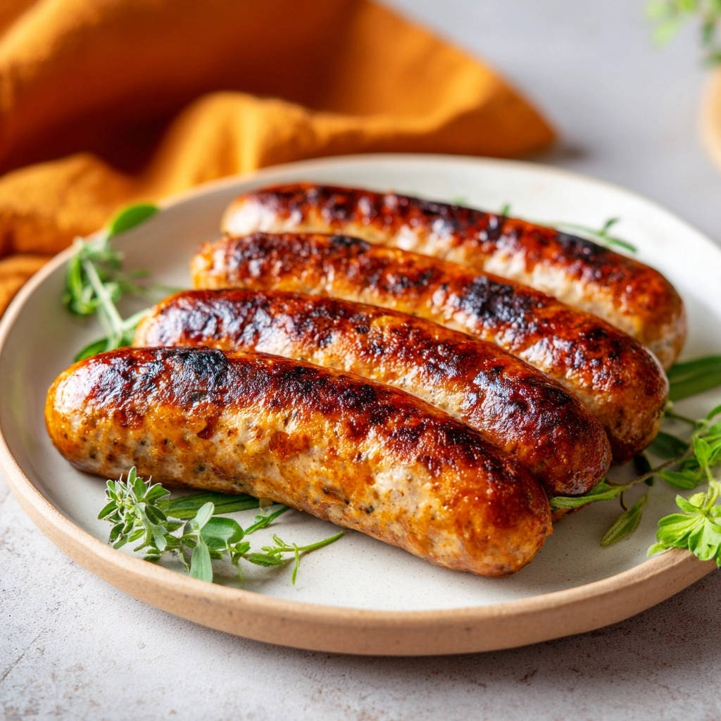 Perfekt Gebratene Bratwuerste Nahaufnahme Serviert 1 Perfekt gebratene Bratwürste liegen in einer Nahaufnahme auf einem Teller, perfekt gebräunt und servierfertig mit frischen Kräutern.
