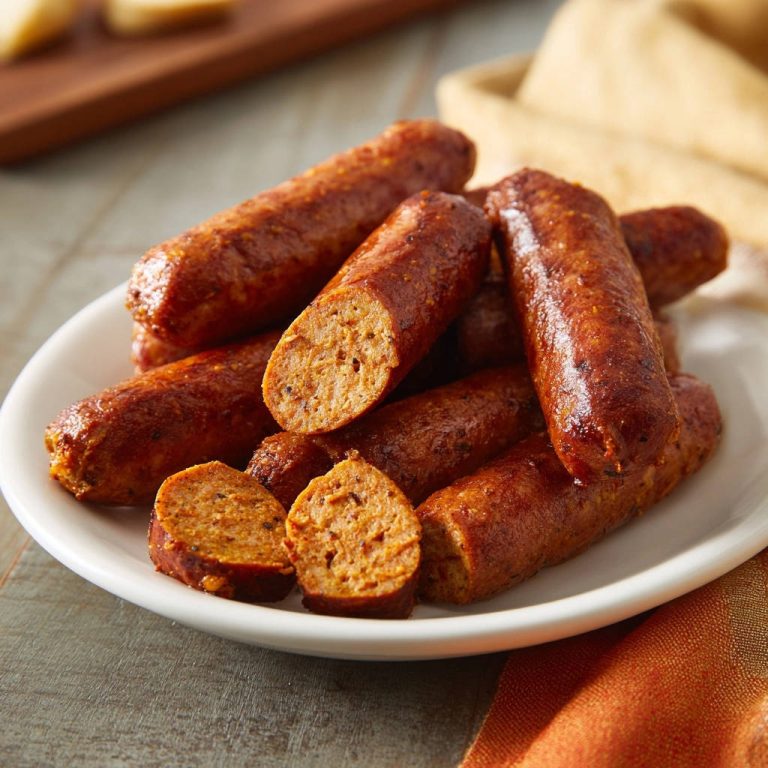 Perfekt gebratene Würstchen, mit einem Anschnitt, der das saftige Innere und die knusprige Kruste zeigt, serviert auf einem weißen Teller.