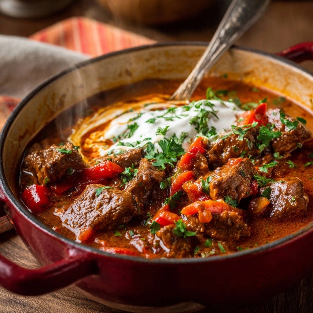 Rindsgulasch Nahaufnahme Mit Creme 1 Herzhaftes Rindsgulasch in Nahaufnahme, garniert mit einem Klecks cremiger Sahne und frischer Petersilie in einer roten Schüssel.