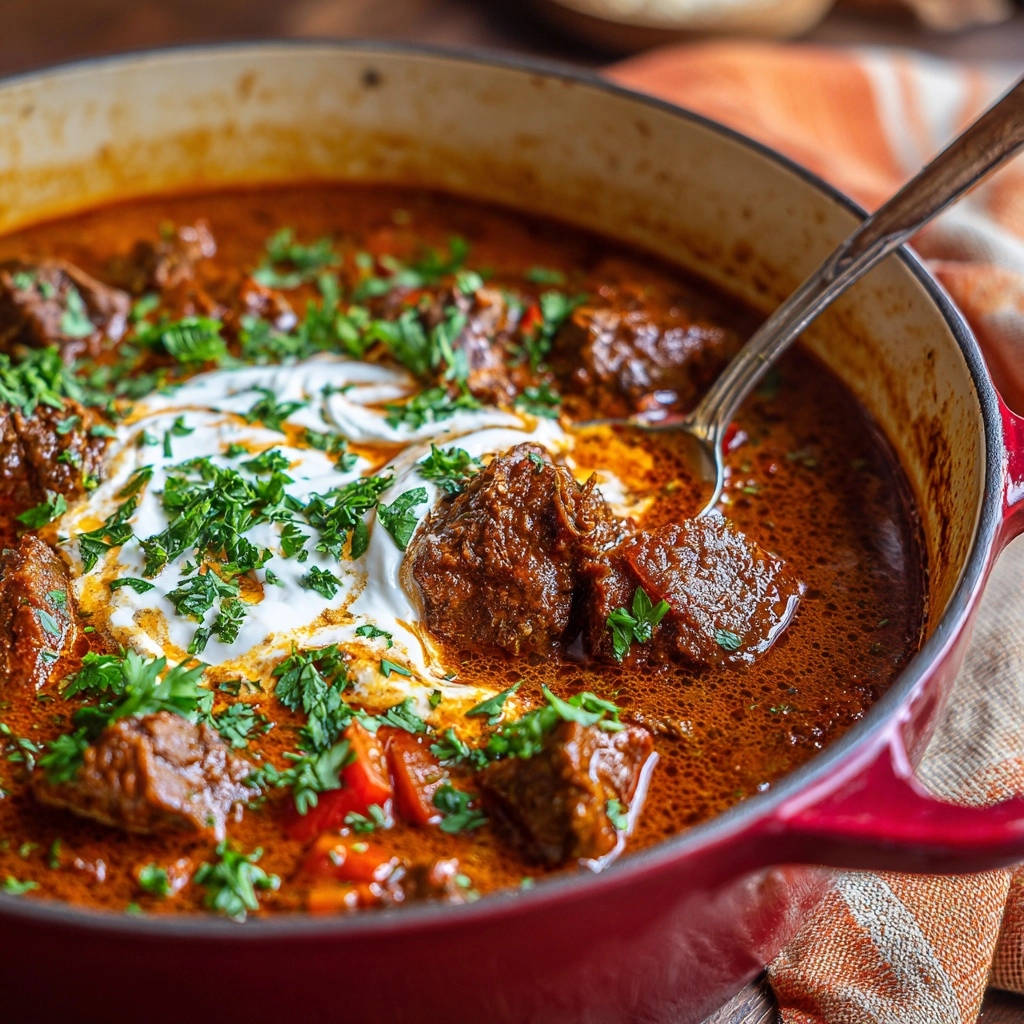 Herzhaftes Rindsgulasch in Nahaufnahme, garniert mit frischer Petersilie und einem Klecks Sahne. Ein köstliches Gericht zum Genießen.