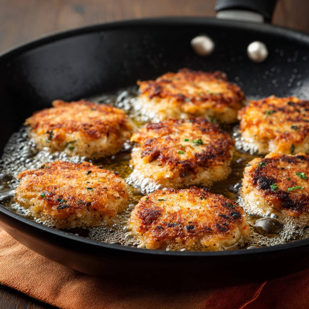 Saftige Hackfleisch-Patties braten in heißem Öl, bis sie goldbraun und perfekt gebräunt sind, ein Schritt der Zubereitung.
