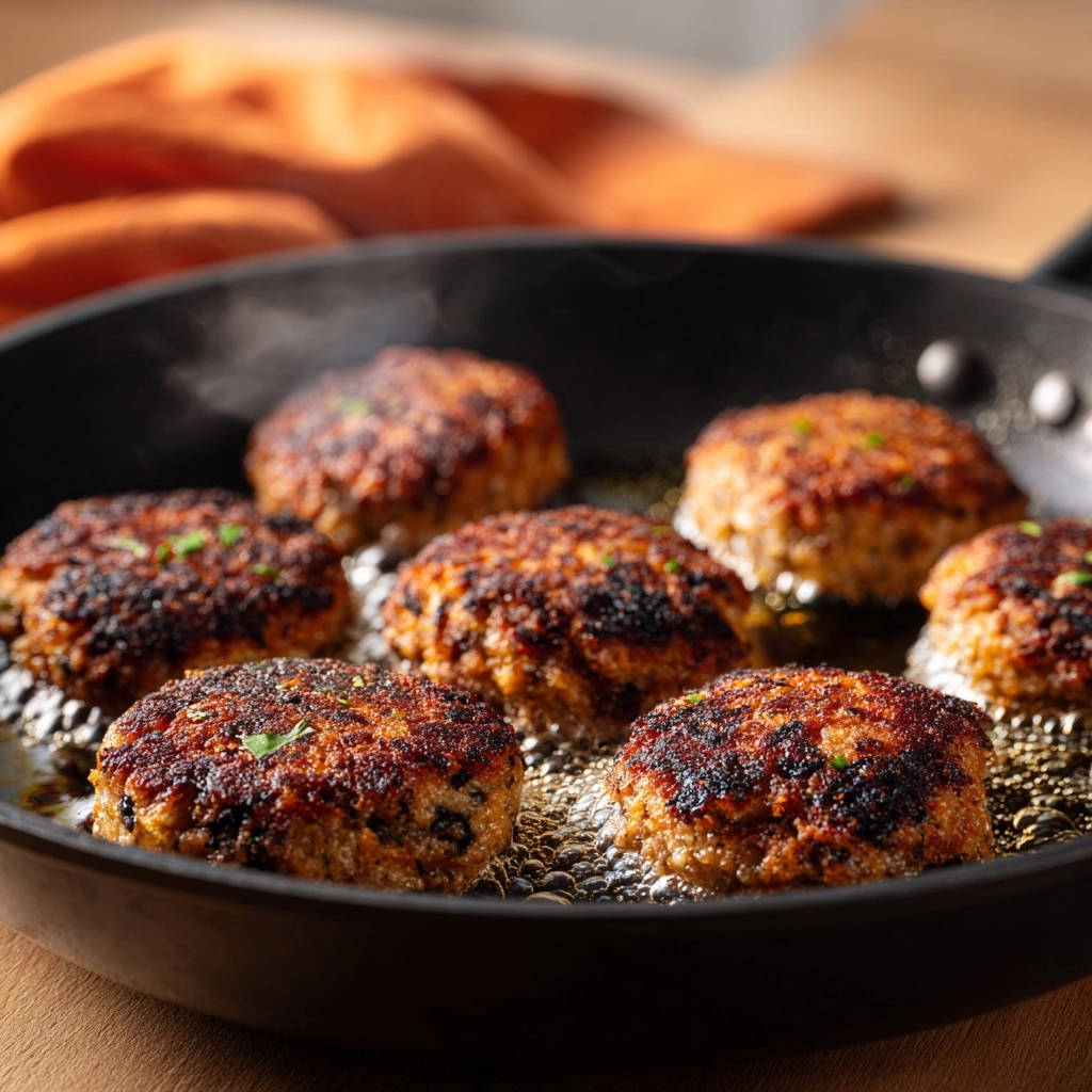 Saftige Hackfleisch-Patties in einer Pfanne gebraten, mit einer Nahaufnahme der perfekt gebräunten Oberfläche und kochendem Öl.