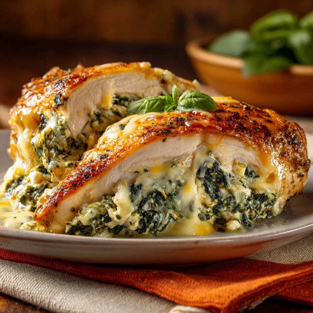 Saftige Hahnchenbrust Mit Spinat Kase Fullung Querschnitt 1 Saftige Hähnchenbrust mit cremiger Spinat-Käse-Füllung zeigt einen Nahaufnahme-Querschnitt, der die saftige Füllung und knusprige Kruste offenbart.