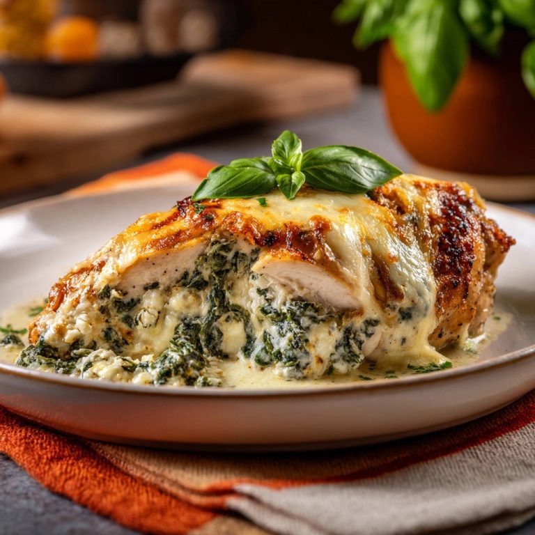 Saftige Hähnchenbrust mit cremiger Spinat-Käse-Füllung in Nahaufnahme, zeigt den saftigen Querschnitt mit Käse überbacken und frischen Basilikumblättern.