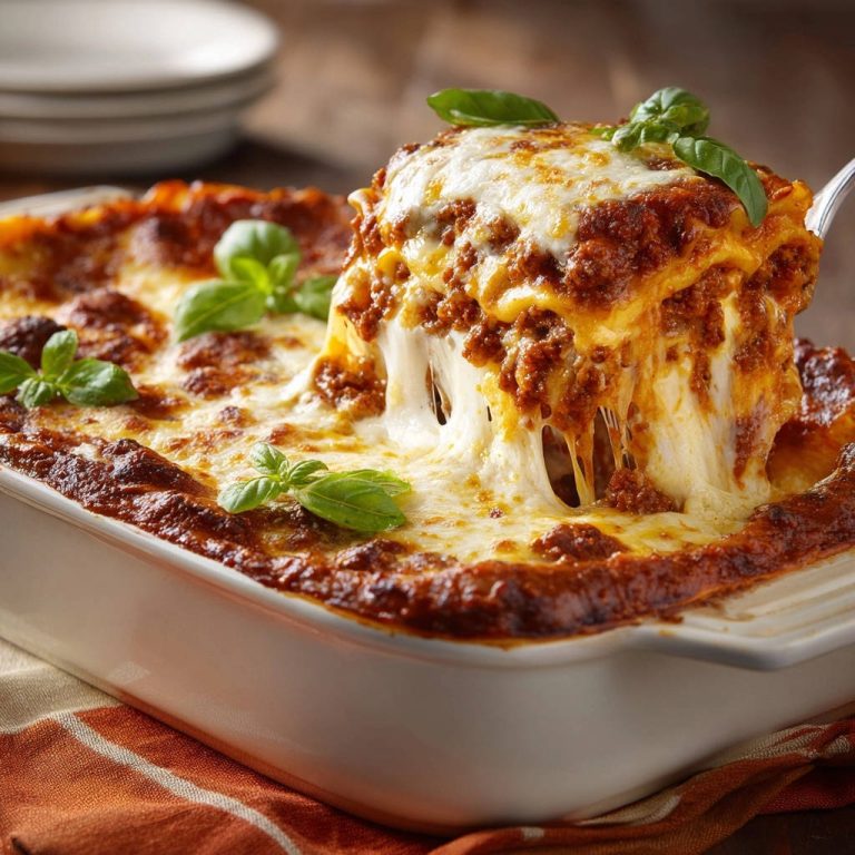 Saftige Lasagne al Forno in Nahaufnahme, mit geschmolzenem Käse, der sich beim Herausheben aus der Auflaufform zieht. Das perfekte Gericht für die ganze Familie.