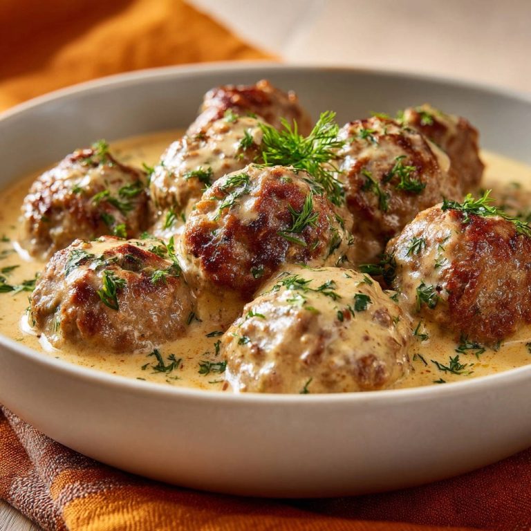 Saftige Rahm-Hackbällchen in cremiger Sauce, garniert mit frischem Dill, in einer Nahaufnahme von oben. Ein köstliches Gericht für Feinschmecker.