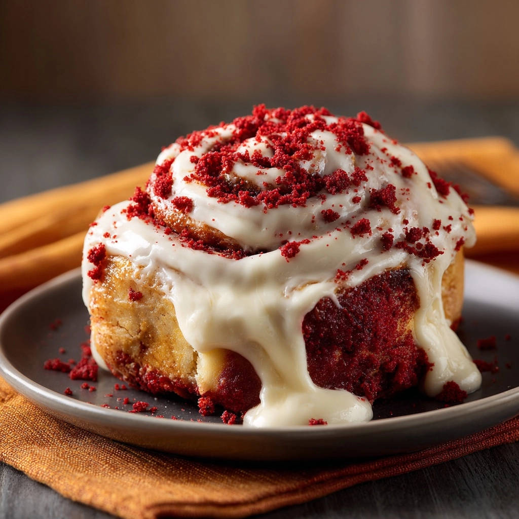 Saftige Red Velvet Rolls Nahaufnahme 1 Saftige Red Velvet Rolls mit Cream Cheese Füllung im Detail: Eine Nahaufnahme des frisch glasierten Gebäcks.
