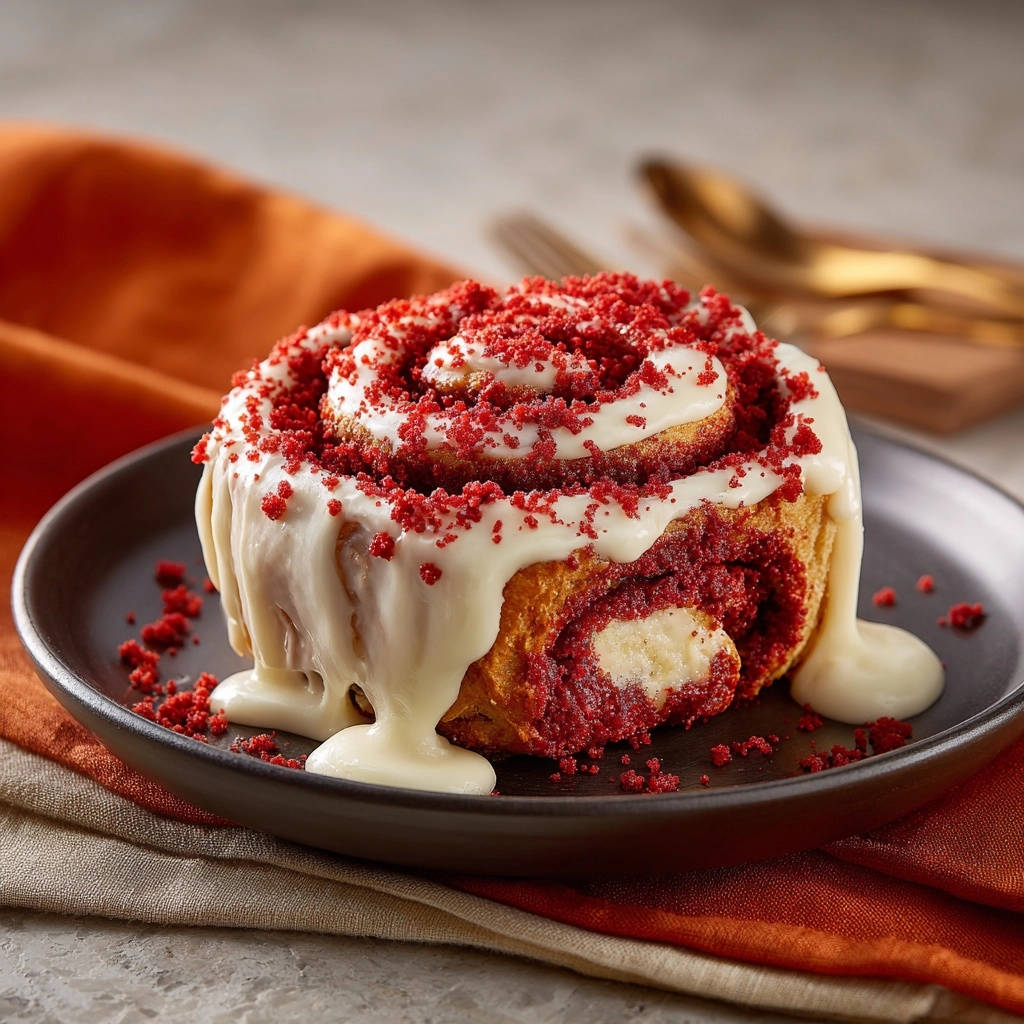 Saftige Red Velvet Rolls mit Cream Cheese Füllung im Querschnitt, die cremige Füllung und die rote Farbe des Teigs zeigen.