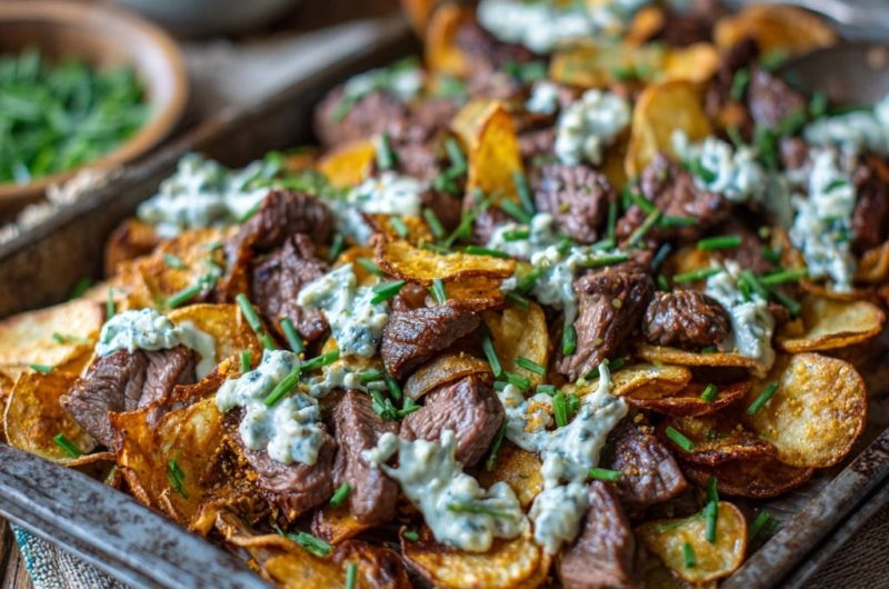 Rinderwürfel auf Kartoffelchips