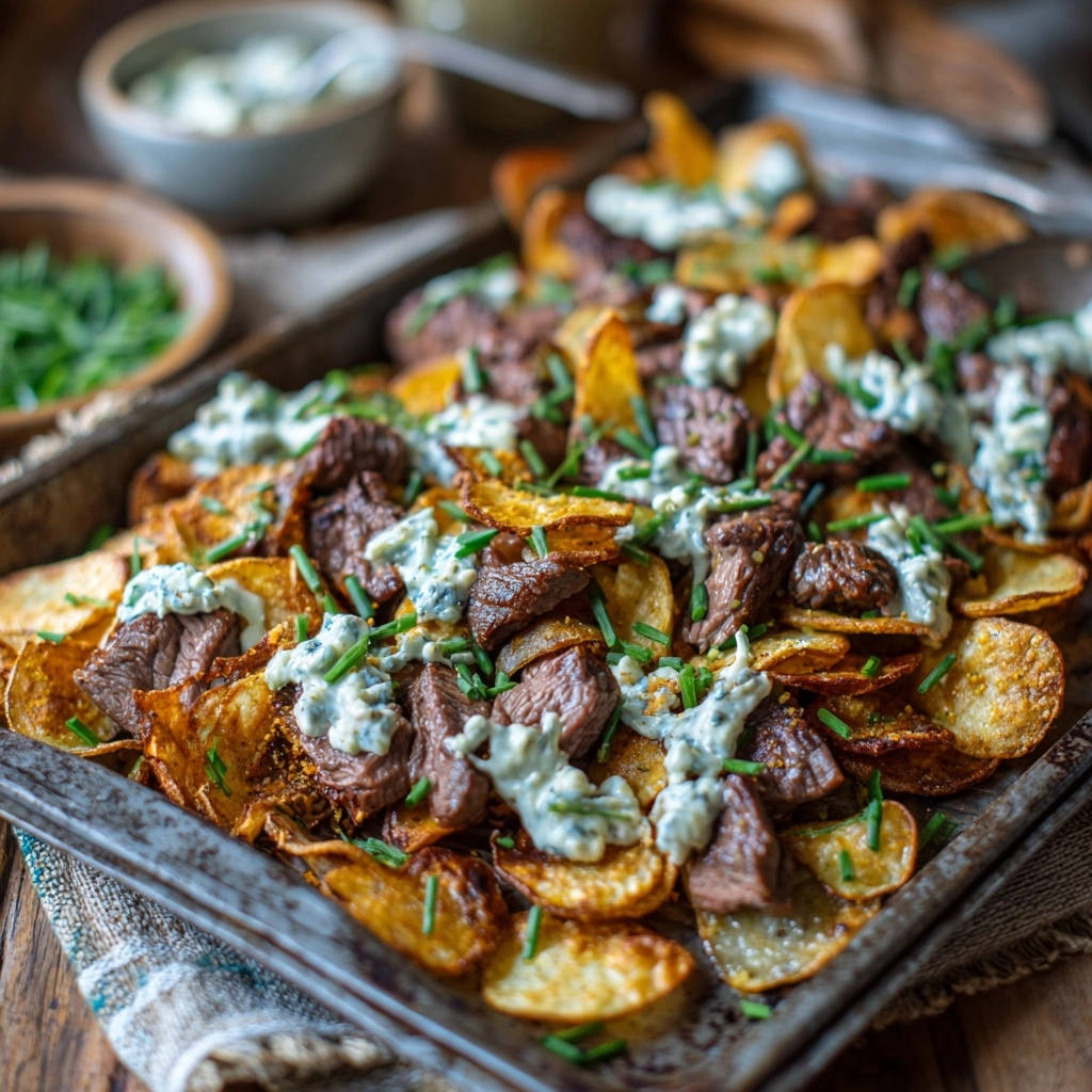 Saftige Rinderwürfel auf knusprigen Kartoffelchips in einer Draufsicht, garniert mit frischen Kräutern und cremiger Sauce.