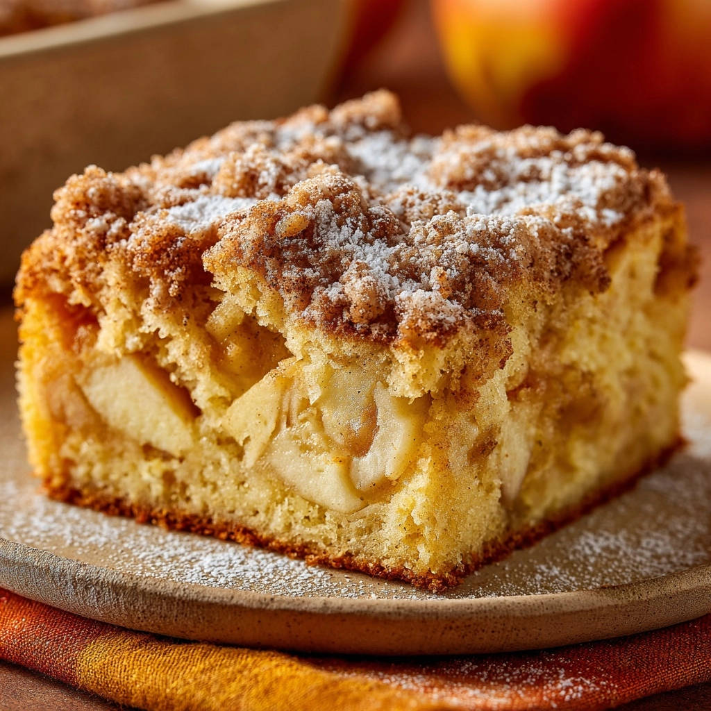 Saftiger Apfel-Streuselkuchen im Anschnitt, der die saftigen Apfelstücke und den knusprigen Streuselbelag zeigt. Ein köstliches Dessert.