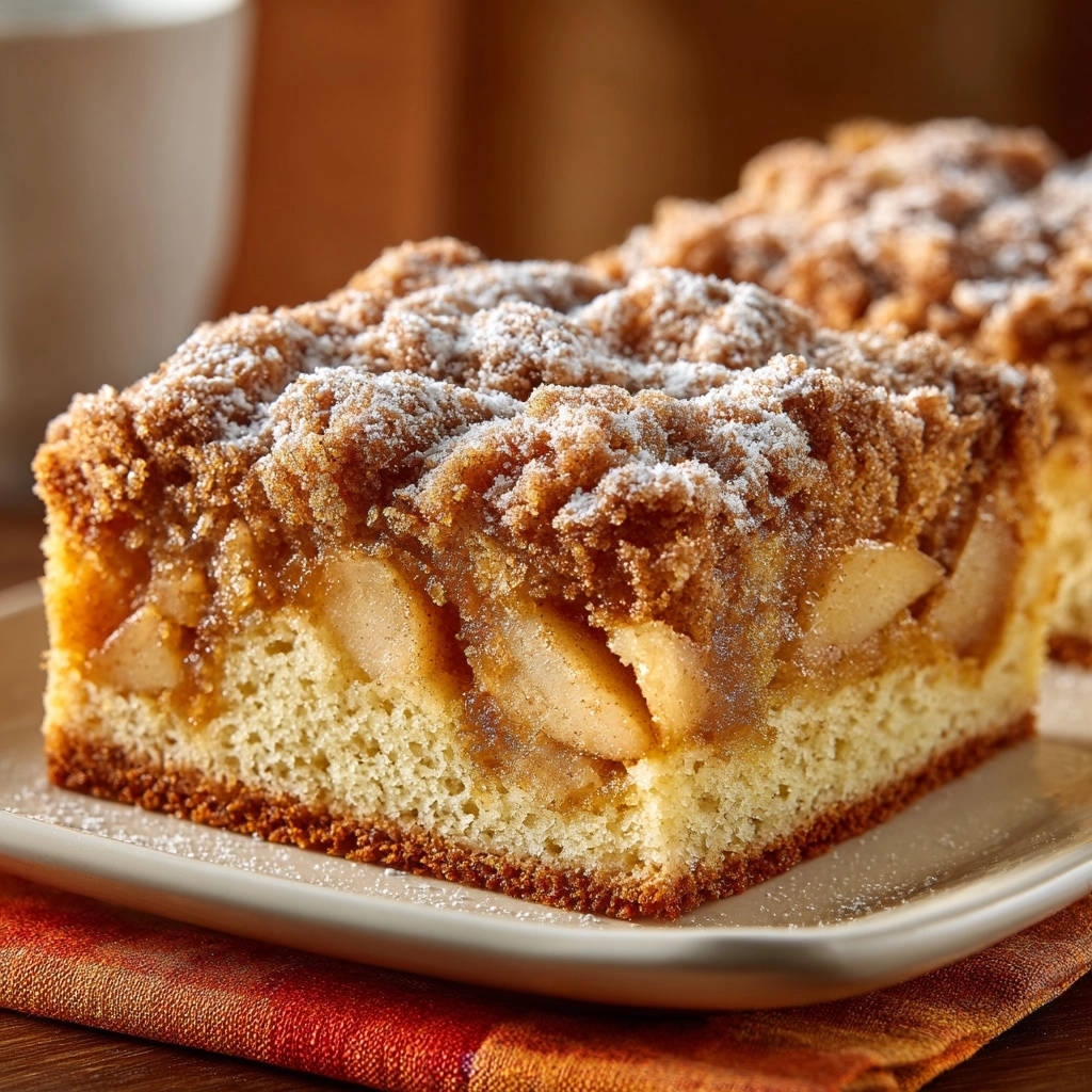 Saftiger Apfel-Streuselkuchen im Anschnitt zeigt die saftige Apfelfüllung und den knusprigen Streuseltopping. Ein köstlicher Kuchen für jede Gelegenheit.