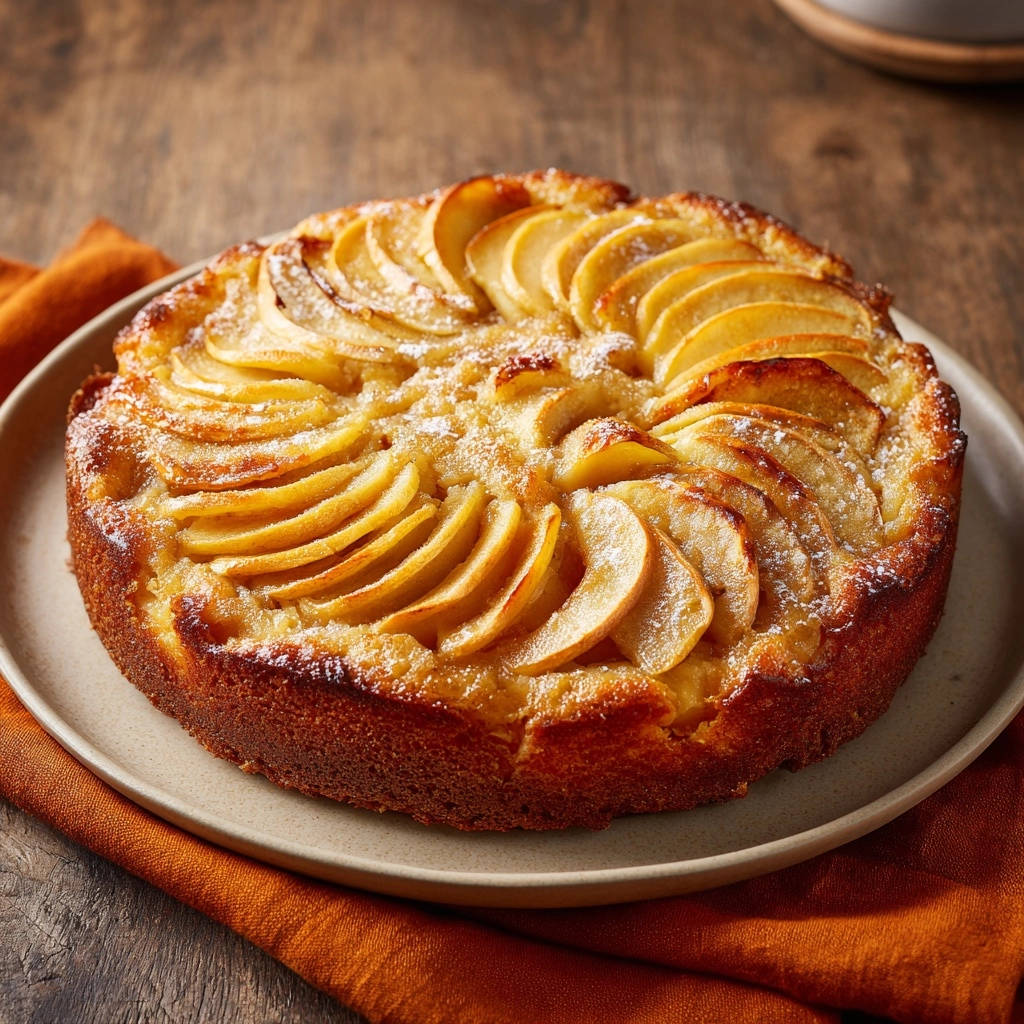 Saftiger Apfelkuchen von oben: Der Kuchen ist auf einer Platte serviert und mit schön angeordneten Apfelscheiben belegt.