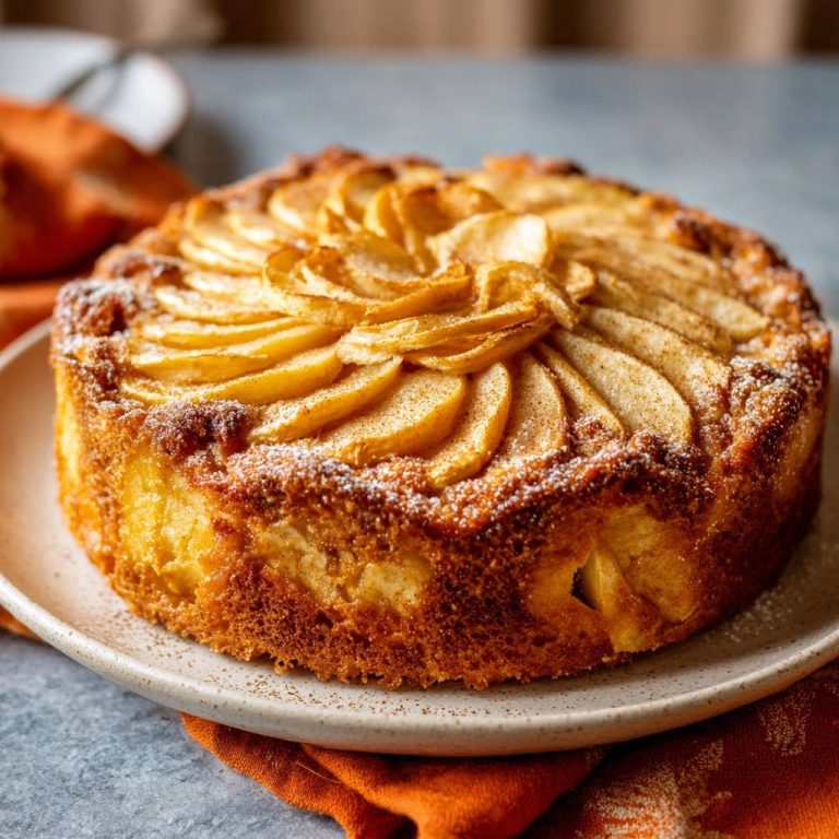 Saftiger Apfelkuchen mit goldbrauner Kruste, garniert mit fächerförmig angeordneten Apfelscheiben, präsentiert in einer Nahaufnahme von oben.