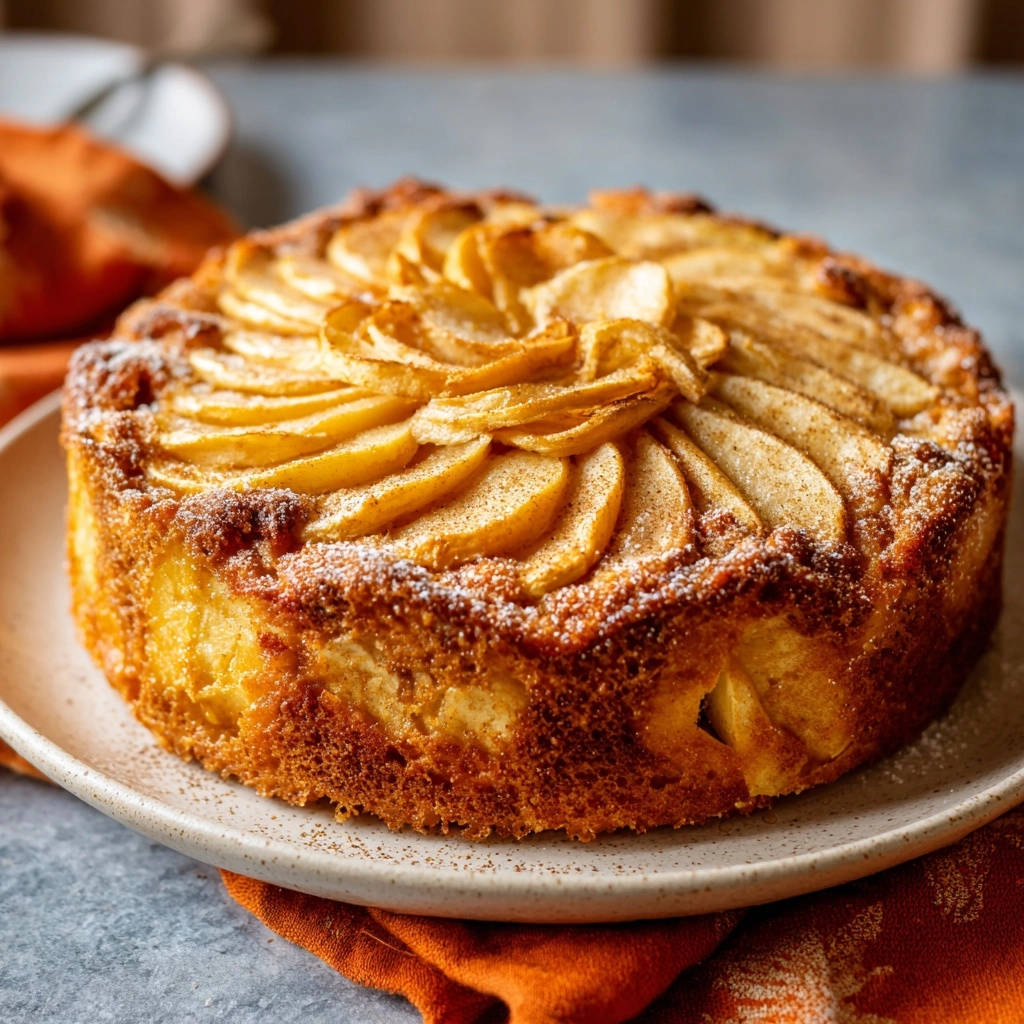 Saftiger Apfelkuchen mit goldbrauner Kruste, garniert mit fächerförmig angeordneten Apfelscheiben, präsentiert in einer Nahaufnahme von oben.
