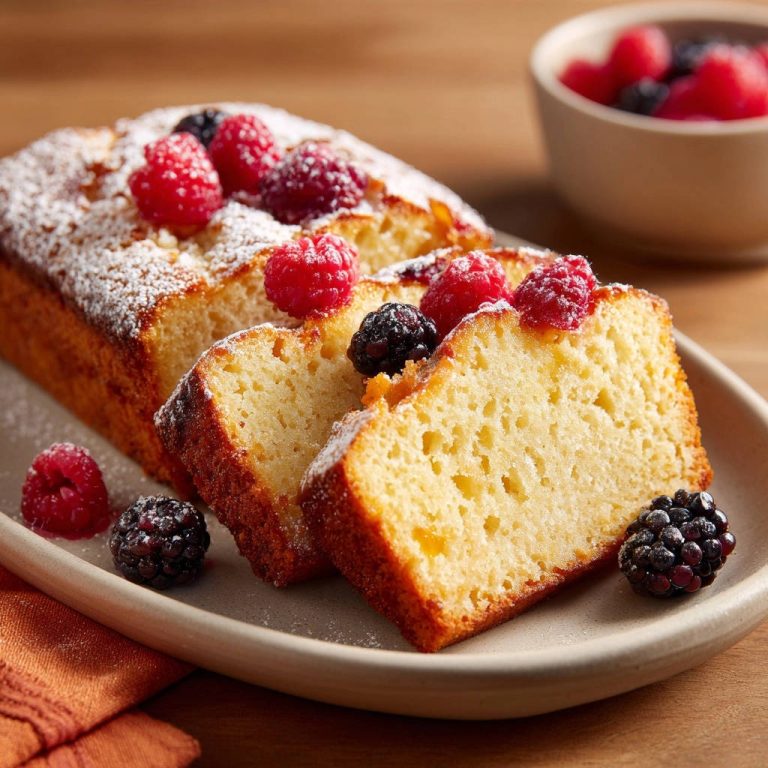 Saftiger Beeren-Kuchen, garniert mit frischen Himbeeren und Brombeeren, zeigt einen Anschnitt mit fluffiger Textur und Puderzucker.