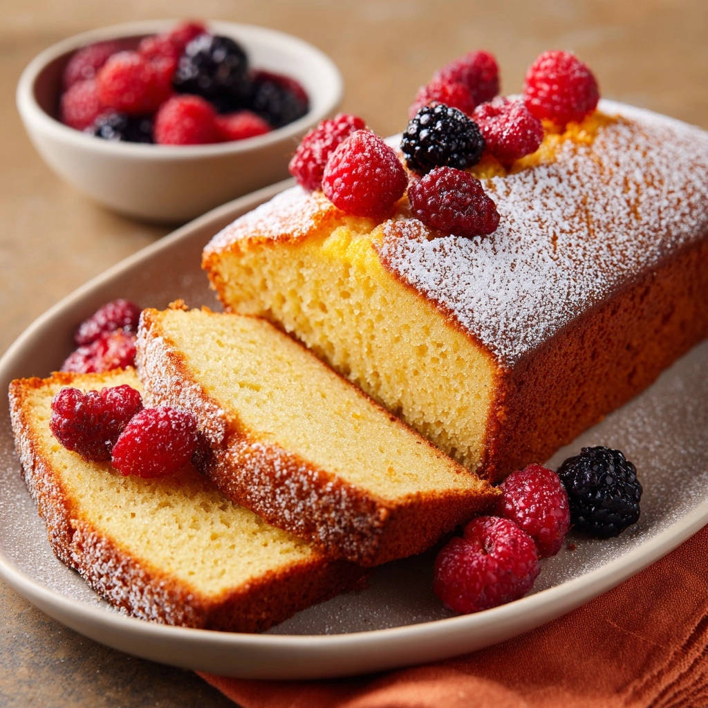 Saftiger Beeren-Kuchen, serviert auf einem Teller mit frischen Beeren, zeigt einen Anschnitt mit feiner Textur und Puderzucker.
