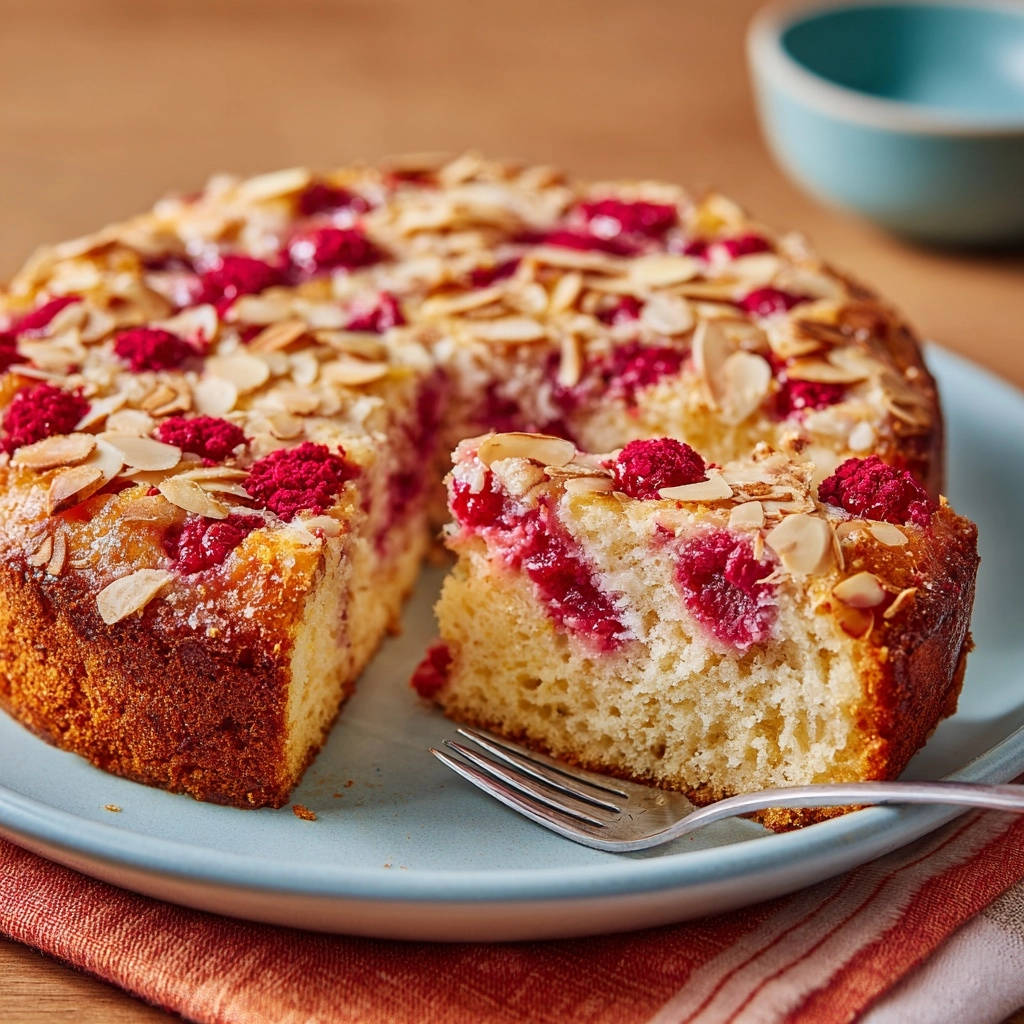 Saftiger Himbeer Mandelkuchen Querschnitt 1 Saftiger Himbeer-Mandelkuchen im Anschnitt, der die saftige Textur und die eingebetteten Himbeeren zeigt, serviert auf einem blauen Teller.