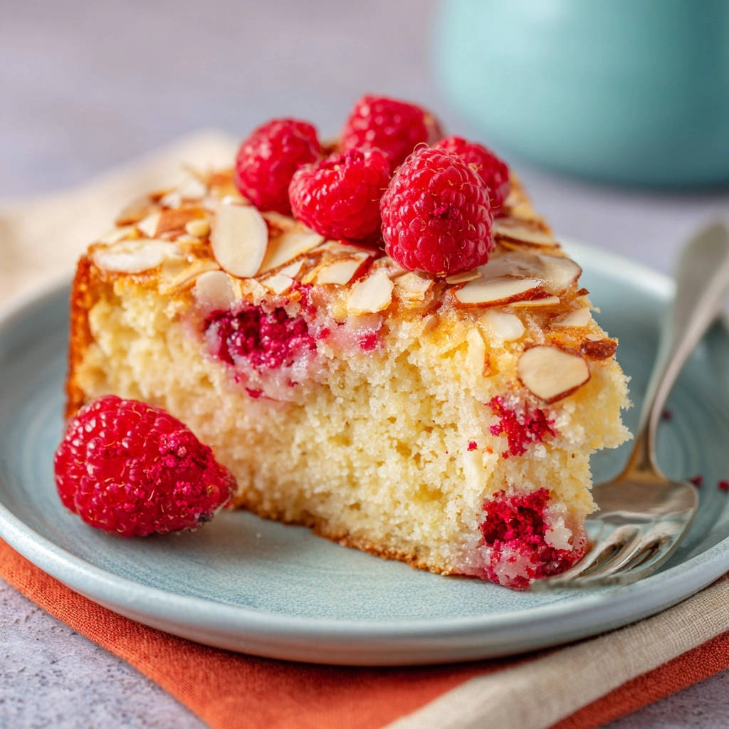 Saftiger Himbeer-Mandelkuchen, serviert auf einem blauen Teller, zeigt einen verlockenden Querschnitt mit frischen Himbeeren und Mandelsplittern.