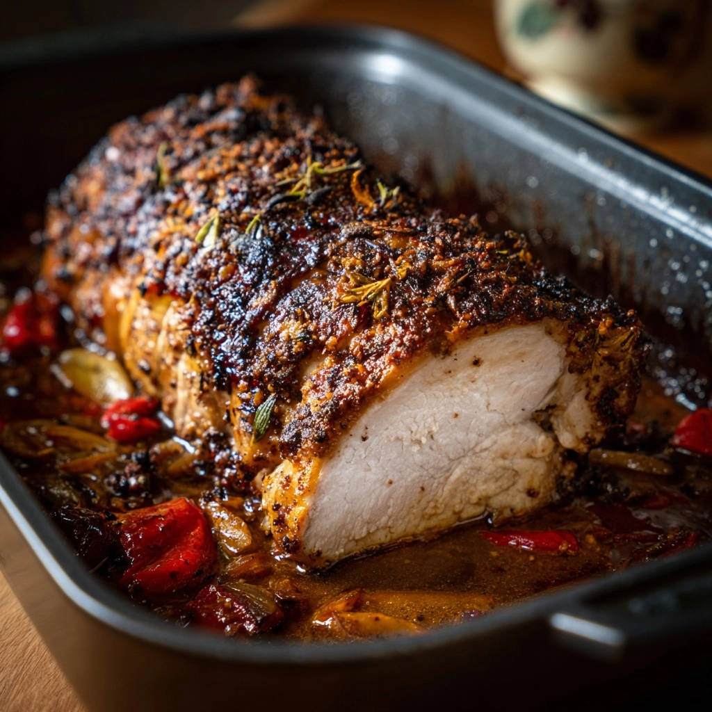 Saftiger Kraeuter Braten Querschnitt 1 Saftiger Kräuter-Braten aus dem Ofen: Nahaufnahme eines Teils mit einem saftigen Querschnitt, der die zarte Textur des Fleisches zeigt.