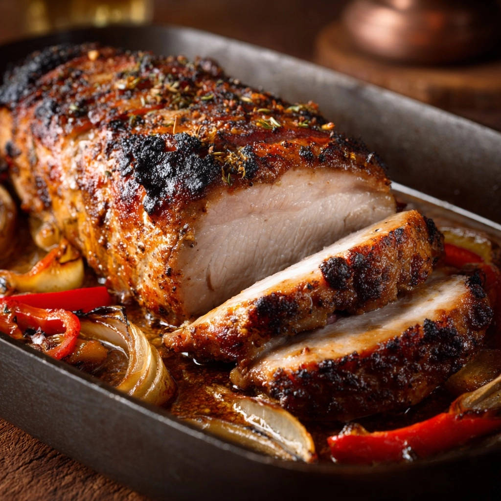 Saftiger Kräuter-Braten aus dem Ofen: Eine Nahaufnahme des Braten-Querschnitts zeigt zartes Fleisch mit knuspriger Kruste und Kräutern.