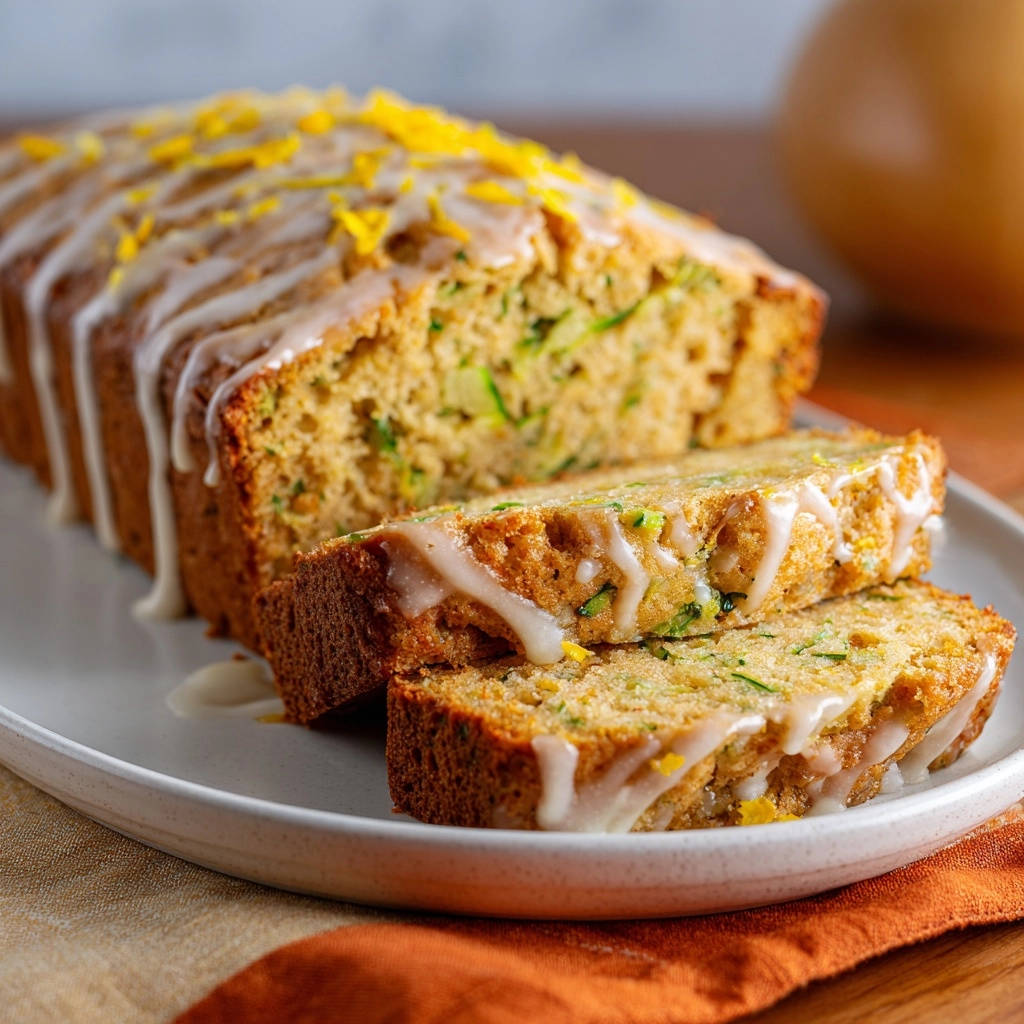Saftiger Zitronen Zucchinikuchen Querschnitt 1 Saftiger Zitronen-Zucchinikuchen mit frisch gebackenem, saftigen Teig in Nahaufnahme, garniert mit Zitronenzesten und Zuckerguss.