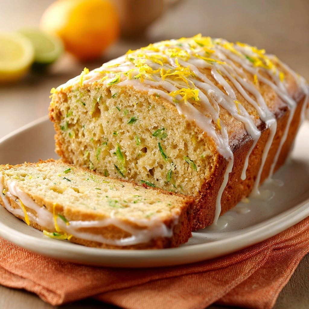 Saftiger Zitronen-Zucchinikuchen mit frisch gebackenem, saftigem Inneren, das durch einen angeschnittenen Kuchen sichtbar wird. Der Kuchen ist mit Zitronenzesten und Zuckerguss verziert.