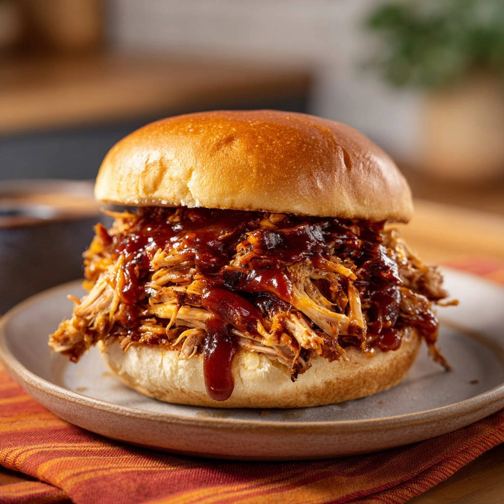 Saftiges Pulled Beef Sandwich Mit Barbecue Glasur 1 Saftiges Pulled Beef Sandwich, serviert auf einem Teller, mit reichlich Barbecue-Glasur und saftigem Fleisch. Ein köstlicher Genuss für Fleischliebhaber.