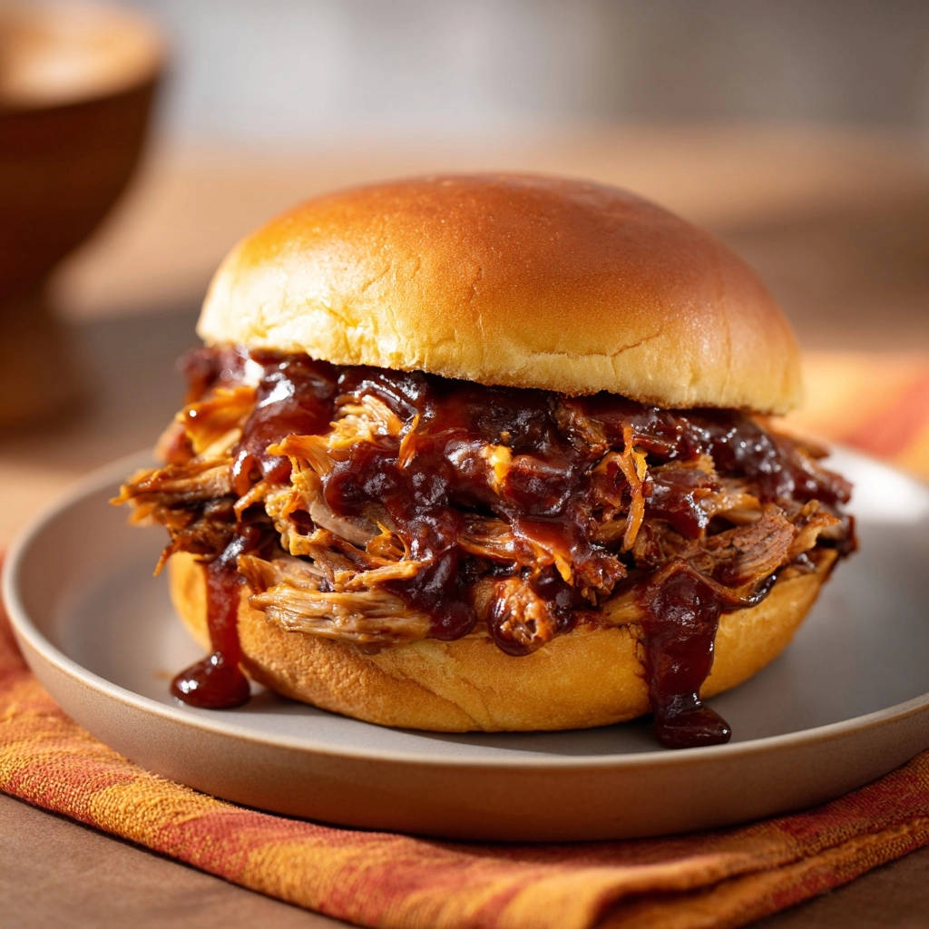 Saftiges Pulled Beef Sandwich, serviert auf einem Teller, mit reichlich BBQ-Soße, die verführerisch heruntertropft. Die perfekten Aromen für ein unvergessliches Geschmackserlebnis.