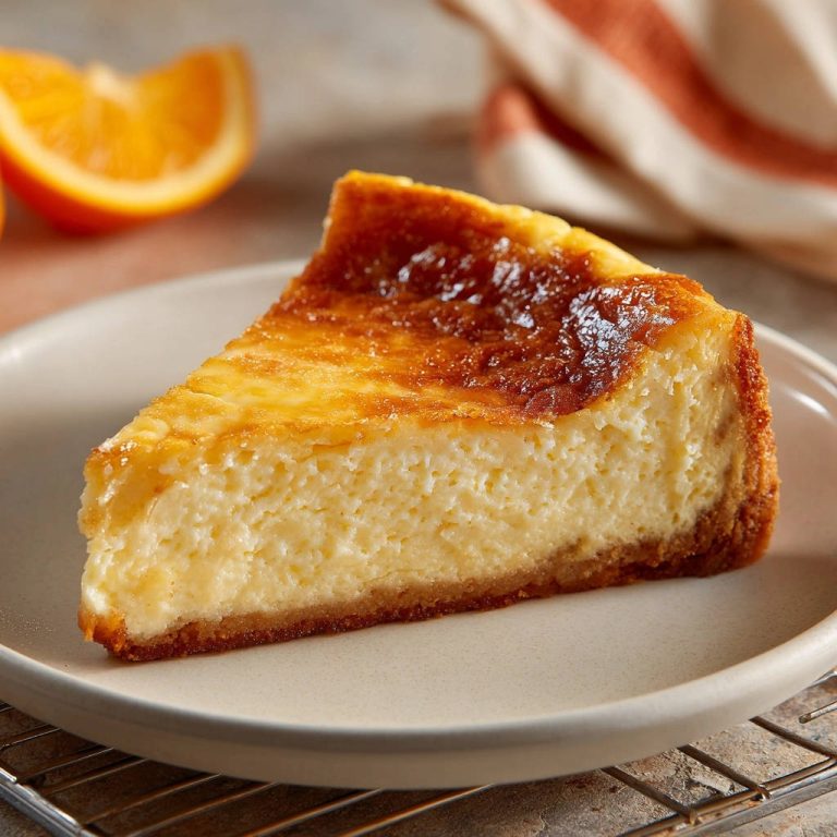 Samtiger Käsekuchen mit Zitrusfrische in Nahaufnahme, ein einzelnes Stück mit dem saftigen, cremigen Inneren auf einem Teller serviert.