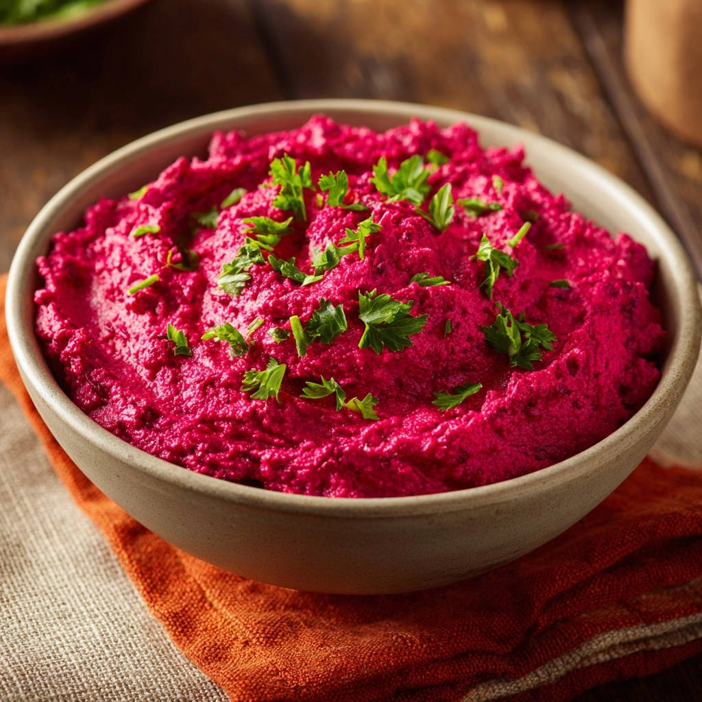 Samtiger Rote-Bete-Aufstrich in einer Schüssel, garniert mit frischen Kräutern, präsentiert in einer Nahaufnahme von oben. Der cremige Dip ist perfekt.