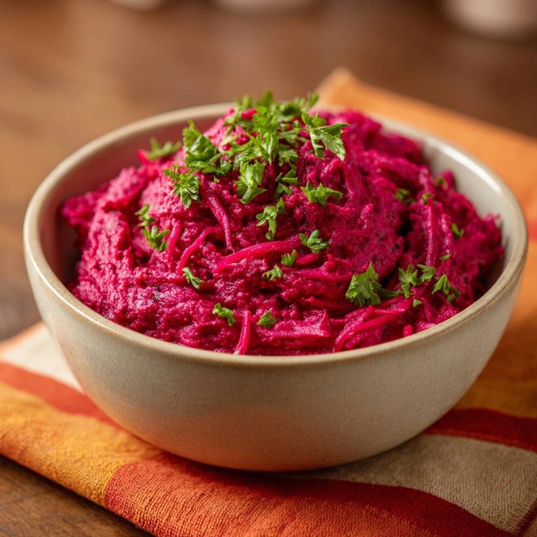Samtiger Rote-Bete-Aufstrich in einer rustikalen Schüssel, garniert mit frischer Petersilie, serviert auf einem bunten Tuch.