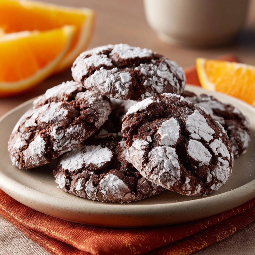 Schoko Crinkle Kekse in Nahaufnahme mit reichlich Puderzucker bedeckt, der die dunklen Kekse wunderschön kontrastiert. Ein verführerischer Anblick.