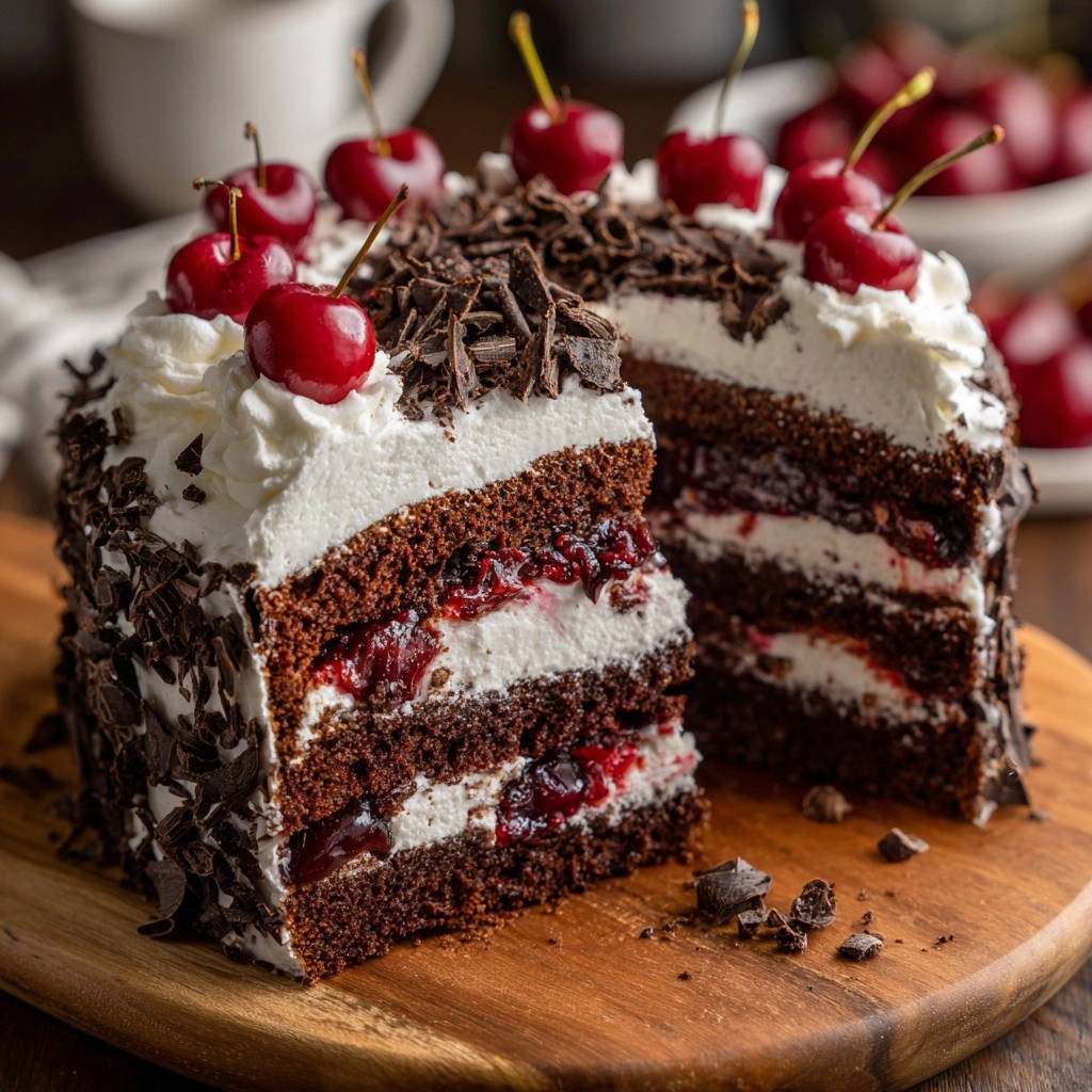 Schwarzwälder Kirschtorte im Querschnitt, eine Nahaufnahme zeigt die saftigen Schichten mit Kirschen und Sahne. Ein Stück der Torte steht auf einem Holzbrett.
