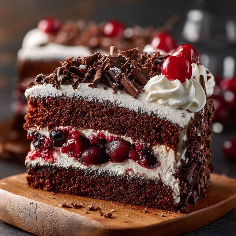 Schwarzwälder Kirschtorte im Nahaufnahme-Querschnitt, der die saftigen Schichten aus Schokoladenkuchen, Kirschen und Sahne zeigt.