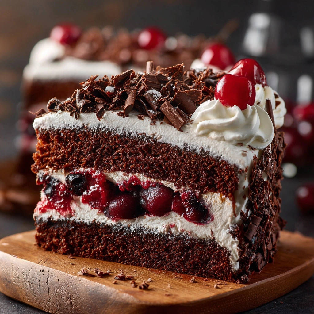 Schwarzwälder Kirschtorte im Nahaufnahme-Querschnitt, der die saftigen Schichten aus Schokoladenkuchen, Kirschen und Sahne zeigt.