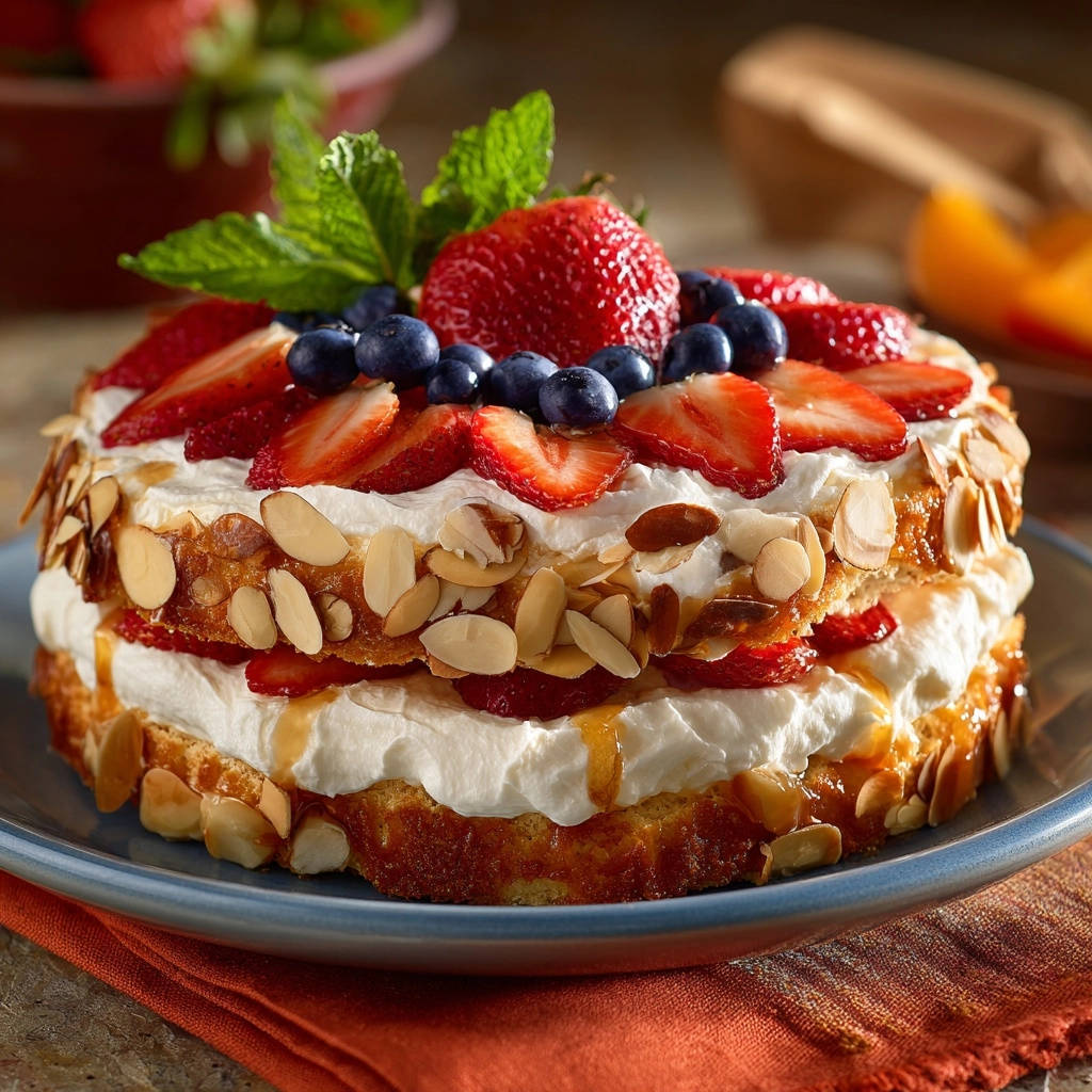 Sommerliche Blätterteig-Beeren-Schnitte mit frischen Beeren, Sahne und Mandelsplittern garniert.