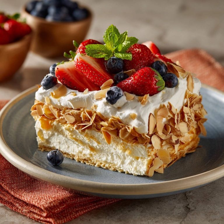 Sommerliche Blätterteig-Beeren-Schnitte serviert auf einem blauen Teller, verziert mit frischen Beeren und Mandelsplittern.