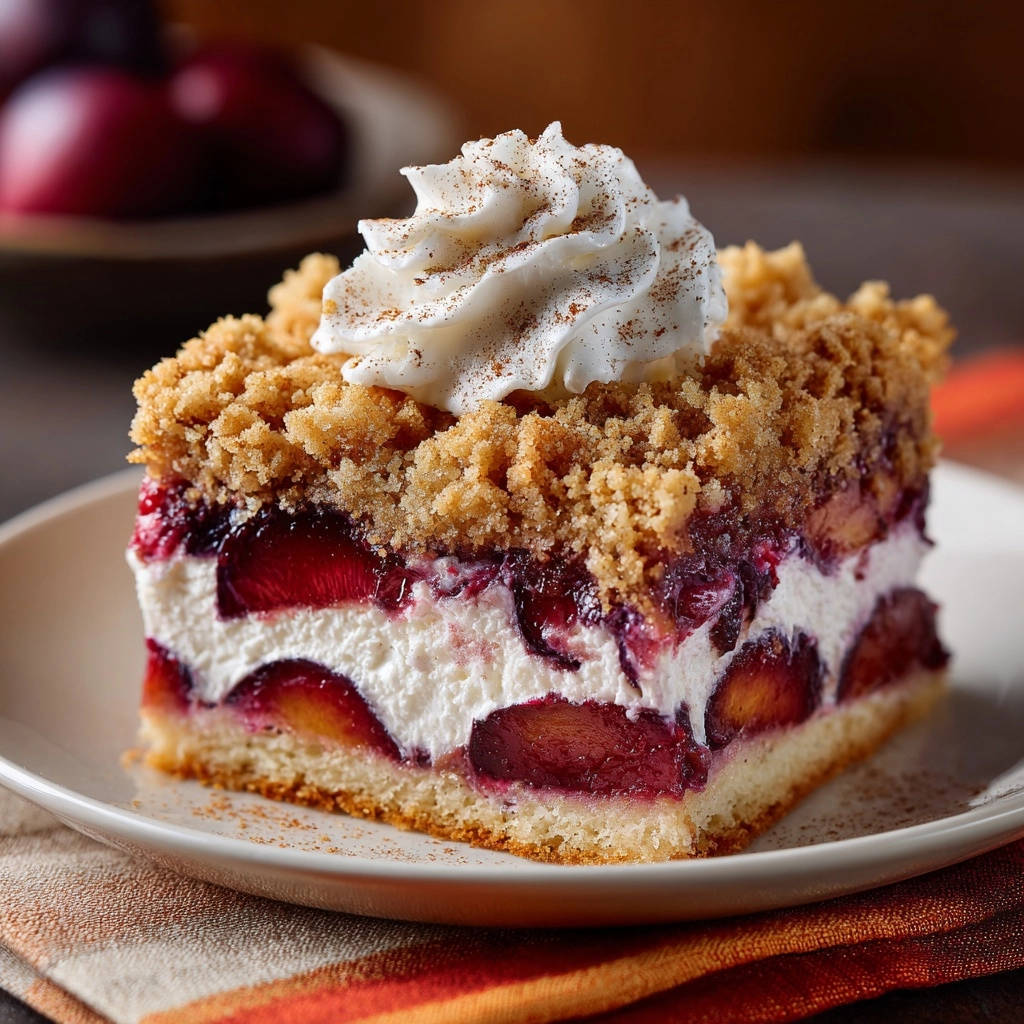 Sommerlicher Obst-Streuselkuchen mit Cremeschicht zeigt einen appetitlichen Querschnitt, der die fruchtige Füllung und den knusprigen Streuselbelag offenbart.