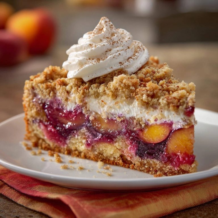 Sommerlicher Obst-Streuselkuchen mit Cremeschicht zeigt einen appetitlichen Querschnitt mit saftigen Früchten, cremiger Schicht und knusprigen Streuseln.