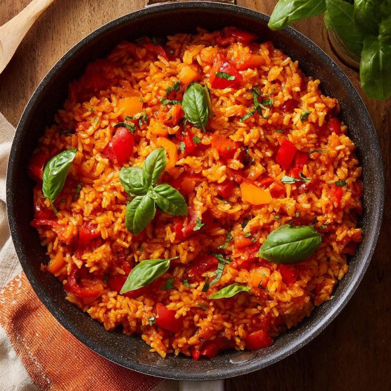 Sonnige Paprika-Reis-Pfanne, serviert in einer Pfanne, garniert mit frischen Basilikumblättern, die einen appetitlichen Kontrast bilden.