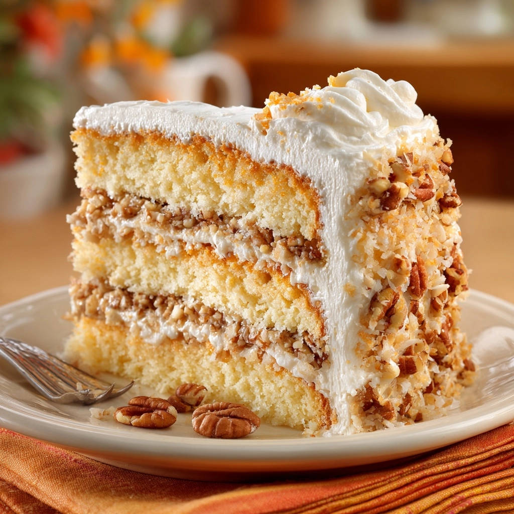 Süße Nuss-Kokos-Traumtorte in Nahaufnahme: Ein saftiger Querschnitt zeigt die Schichten aus Kuchen, Creme und Nüssen.