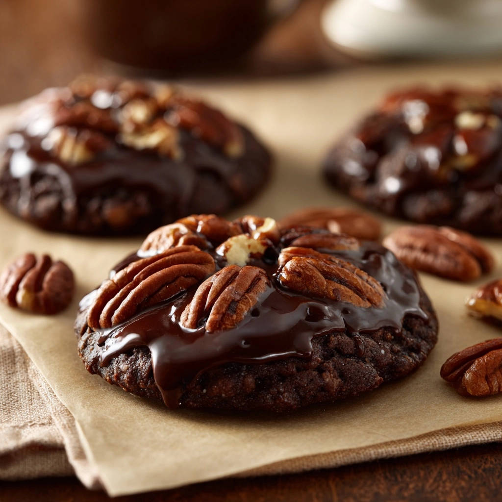 Ultimative Schoko-Pecan-Cookies in Nahaufnahme: Die fudgy Schokoladenkekse sind mit knackigen Pekannüssen bedeckt und mit Schokoladenglasur verziert.