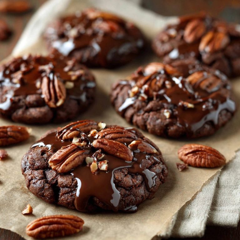 Ultimative Schoko-Pecan-Cookies, garniert mit Pecannüssen und Schokoladenguss, liegen auf Backpapier. Die Schokoladen-Cookies zeigen eine köstliche, fudgy Textur.