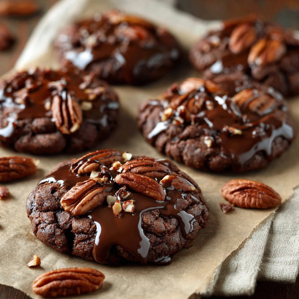 Ultimative Schoko-Pecan-Cookies, garniert mit Pecannüssen und Schokoladenguss, liegen auf Backpapier. Die Schokoladen-Cookies zeigen eine köstliche, fudgy Textur.