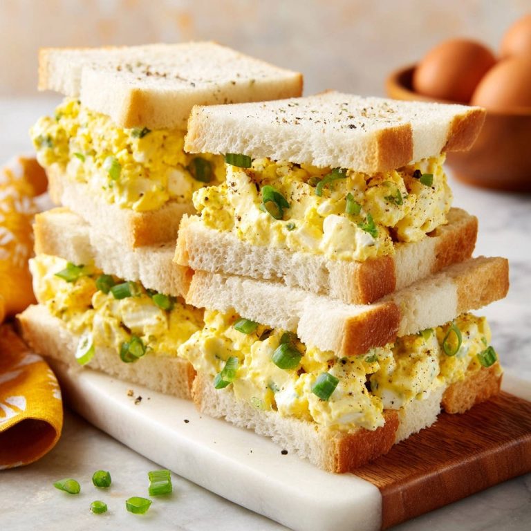 Das ultimative Eiersalat-Sandwich in einer gestapelten Präsentation, serviert auf Toastbrot mit frischen grünen Zwiebeln.