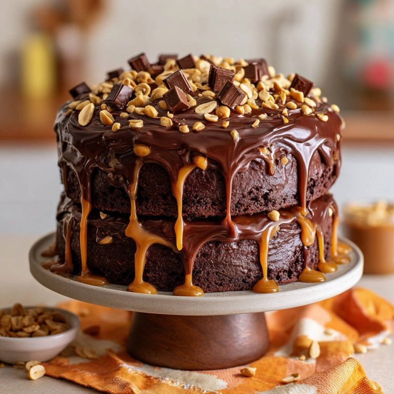 XXL Schoko-Karamell-Erdnuss-Torte in Nahaufnahme: Die Schokoladenglasur glänzt verführerisch und tropft über die Kuchenschichten.